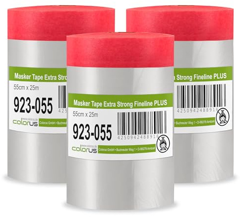 Colorus Abdeckfolie mit Klebeband – 3er Set 55 cm x 25 m – faserverstärktes Goldband Masker Tape – Maler Abdeckfolie mit statisch haftender HDPE-Folie – UV-beständig 120 Tage