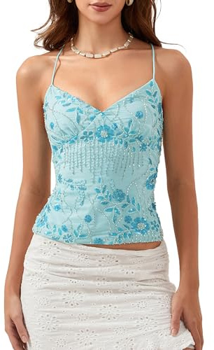 Damen-Top mit Pailletten, glitzernd, Neckholder, Y2K, Perlenverzierung, sexy Tank-Top, Ausgehen, Party, Clubwear