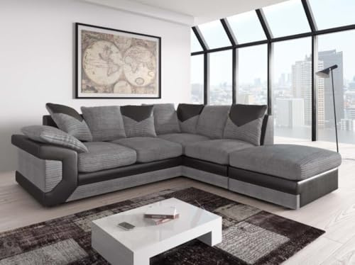 Furniture 786 L Shaped Sofa Settee - Dino Corner Sofa Jumbo Fabric - Comfy 5 Seater - Corner Couch Right Hand - Modular Couch Sofa for Living Room Lounge Indoors Decor (Grey Black)
