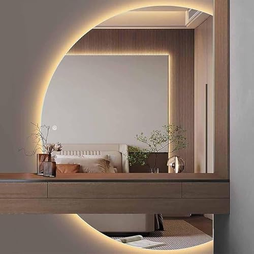 Spiegel Halbrund, 3-Farbig Einstellbare Led Wandspiegel Groß, Intelligent Entnebeln Runder Spiegel Mit Beleuchtung, Splitterfest Schminkspiegel Für Schlafzimmer Flur Badspiegel (R, L90 x W63cm)