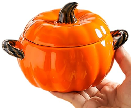 Bol en céramique avec couvercle, 400 ml de bol à citrouille mignon avec double poignée, mini-pots de citrouille individuels faciles à propre