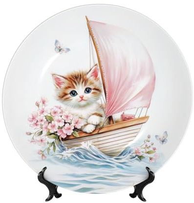 Piatti decorativi in porcellana Bone China con supporto, gattino acquerello in barca a vela fiori piatto da esposizione rotondo per cucina, sala da pranzo, armadietto del vino, decorazione per la casa