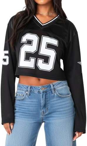 Navneet Oversize Shirt Damen Y2K Jersey Trikot Langarm Bauchfreies Oberteil Football Y2k 2000s Top Streetwear Schwarz M