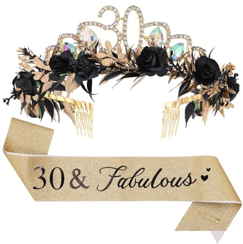 PartyforU Geburtstagskrone Schärpe Set, Schwarz-Goldene Blumen Tiara Krone und Schärpe, Geburtstagsgeschenk für Frau