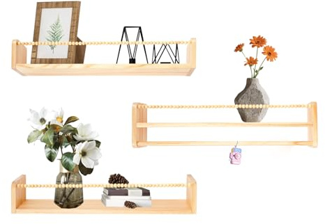 Fyssnn 3er Set Bücherregal Kinder, 58cm Wandregal Kinderzimmer aus Holz, Hängeregal Kinderregal & Spielzeugregal für Babyzimmer Wohnzimmer, Aufbewahrungsregal für Bücher & Spielzeug (Holzfarbe)