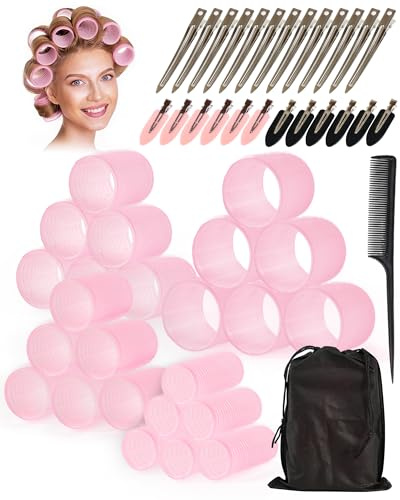 lulir 50Pcs Hair Rollers Set – 4 Sizes Rollers with Clips (25/36/48/60mm), Self Grip Hair Roller, No-Heat Blowout Roller for Long, Short Hair and Bangs, Includes Comb & Bag(Pink)