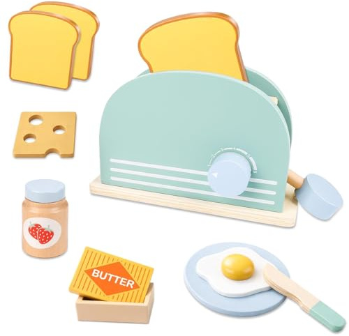 Kinderküche Spielküche Zubehör Holz, Holz Toaster Set 9-teilig mit Holzbrot und Butter & Spielzeugtoast, Pop-Up-Spielzeug-Toaster, Rollenspielzeug für Jungen und Mädchen