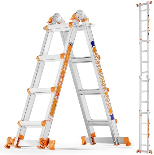 Multiple Positions 4 Step Ladder, 4.2 m Sliding Ladder with Stabiliser and Wheels, 150 kg Safety Load, One Frame Ladder for Stairs, Home, Indoor, Outdoor, Roof