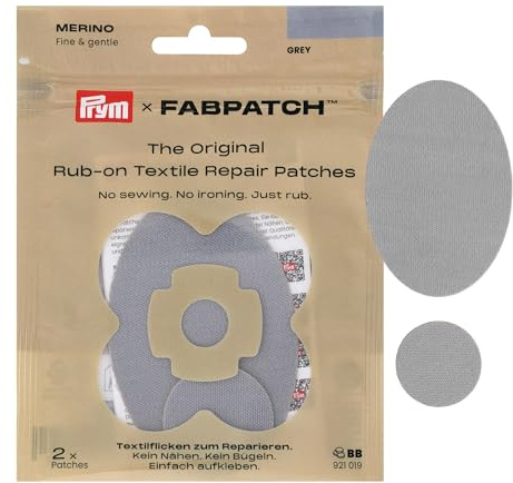 Prym 921019 FabPatch MERINO Rub-on Patch Hellgrau (2 Stück) – Selbstklebende Reparaturflicken aus 100% Merinowolle für Pullover, Feinstrick, Unterwäsche & Innenfutter – Ohne Nähen & Bügeln