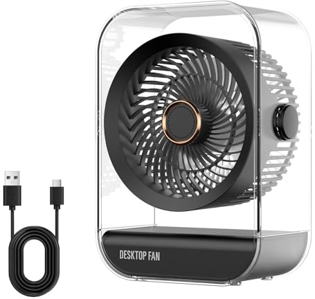 Anluomafuy Tischventilator Leise, Akku Ventilator, USB-Schreibtischventilator, Leise, Licht, 5 Geschwindigkeiten, 360° Kopf Drehbar, Kühlung im Innen Außenbereich, Kompaktlüfter für Büro Zuhause