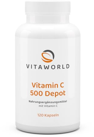 3x Vitamin C Depot – 3 Dosen Vitamin C Kapseln hochdosiert 500mg mit zeitverzögerter Freisetzung (360 vegane Kapseln) – ideal zur täglichen Versorgung – ohne Zusätze, glutenfrei & vegan – vitaworld