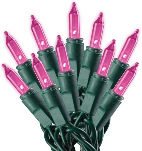 Pink Christmas Lights Green Wire - 100 Count - 24 Ft - Static and Blinking