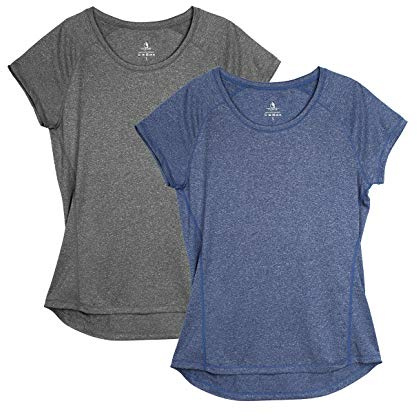 icyzone Damen Fitness Sport T-Shirt Kurzarm Laufshirt Gym Training Funktion Shirt, 2er-Pack (XL, Grau/Blau)