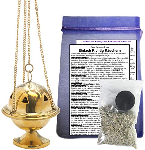 Weihrauchbrenner Räucherfass Weihrauchfass mit Räucherschale (Einsatzschale) und Kette Messing. Räuchergefäß zum räuchern und schwenken für Räucherwerk. 6-TLG Set, Räucherkohle. 5 x Zubehör. 82001-1