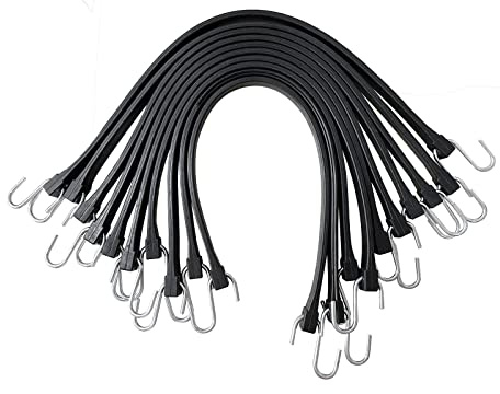 ROBLOCK 21 Rubber Tarp Straps with 150% Max Stretch, 100% EPDM Bungee Cords with Metal Crimped S Hooks, Ideal for Securing Tarps, Cargo, Canvases, Weatherproof (10 Pack)