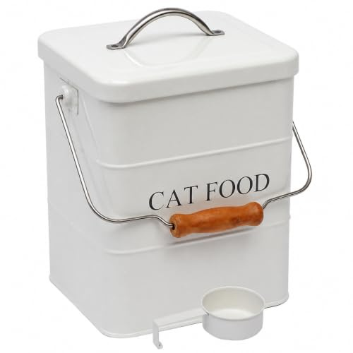 Morezi Contenitore per cibo per animali domestici, contenitore per cibo per gatti, può contenere cibo da 2 kg, con coperchio e cucchiaio-Bianco