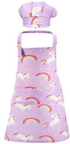 adakel 1 Set Kinderschürzen-Set mit Einhorn-Schürze und Kochmütze mit 2 Taschen, verstellbare Kochschürze und Hüte für Kinder für Jungen und Mädchen, Küche, Kochen, Backen, Malen, tragen (lila)