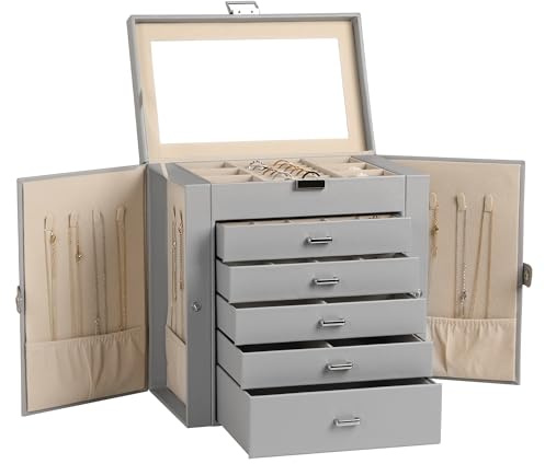 Frebeauty große PU-Leder Schmuckbox, 6-stöckig mit Spiegel und Schubladen | Kunstleder, Integrierter Spiegel, Geräumige Schmuckaufbewahrung, 16 Haken Für Halsketten, Ringe, Ohrringe Und Armbänder