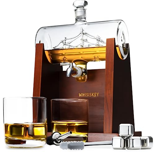 WHISISKEY Decanter per Whisky - Set Whisky Regalo - Idee Regalo Uomo Compleanno - Velieri Decanter 1100ML, Scatola Regalo, 2 Bicchieri da Whisky x 290ML, 4 Pietre di Whisky, Accessori