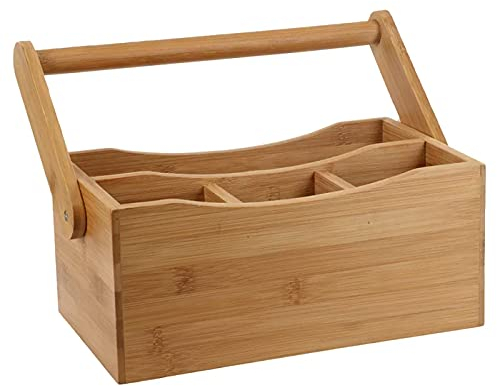 Unibos Bamboo Utensil Cutlery Holder Kitchen Storage 4 Compartments for Cutlery & Condiments Easy Carry Drop-Down Handle