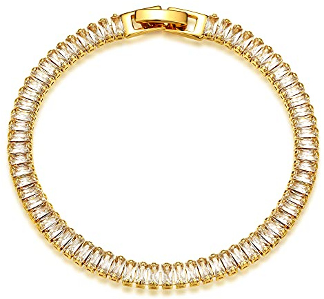 MEVECCO Bracelet for Women Gold Tennis Chain Baguette Zirconia Cut Faux Diamond 14K Gold Plated Dainty Simple Jewelry