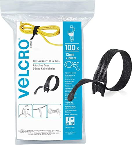 VELCRO varumärke | ONE-WRAP | återanvändbara tunna slipsar | multifunktionella slipsar perfekta skrivbordstillbehör för kabelhantering och heminredning | Svart | 12 mm x 20 cm | Paket med 100