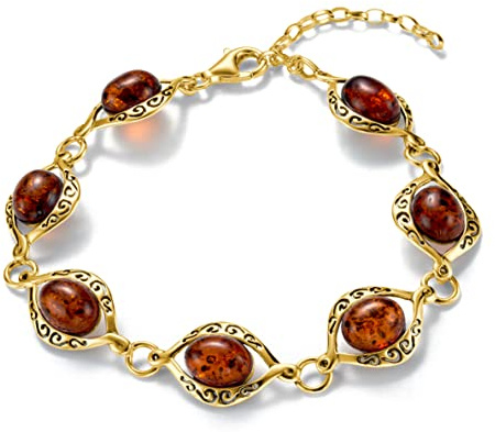 Copal Bracelet Femme En Ambre Avec Argent Doré Et Longueur Ajustable