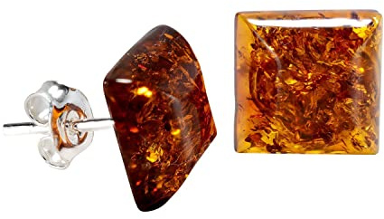 Amber Earrings - Baltic Honey Amber Stud Square Earrings - Sterling Silver Jewelry Collection