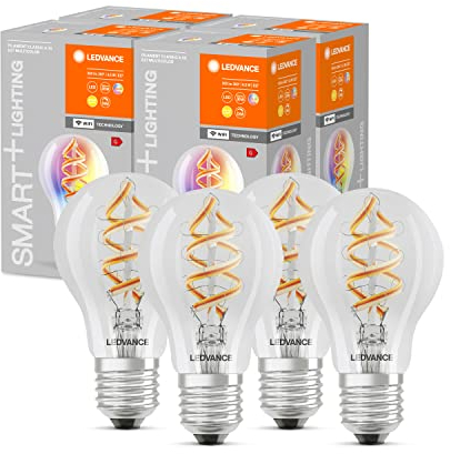 LEDVANCE lampadina Smart LED con Wifi, E27, colori modificabili, a forma di pera, filamento colorato come luce d'atmosfera, sostituzione da 60W, controllabile con Alexa, Google e App, confezione da 4