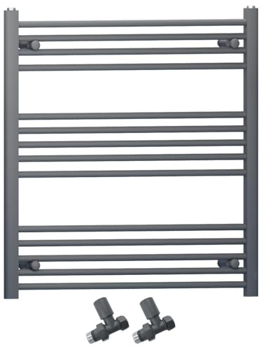 700mm Wide Straight Anthracite Grey Heated Bathroom Towel Rail Radiator With Valves For Central Heating UK (With Straight Valves, 700 x 800 mm (h))