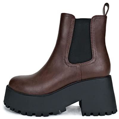 Soda INSTANT Women Chunky Lug Sole Mid Heel Chelsea Fashion Ankle Bootie w/Double Elastic Gore (BROWN/BLACK PU, numeric_7_point_5)