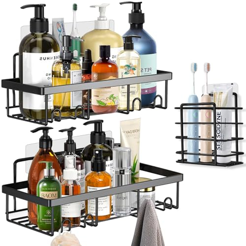 COZII Duschablage Ohne Bohren, Duschregal Ohne Bohren, 3 Stück Badezimmer Regal, Rostfrei Schwarz Duschregal, Duschkorb mit 8 Haken für Bad und Küche