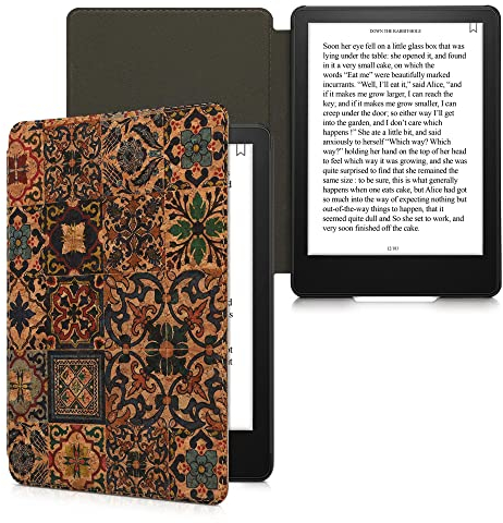 kwmobile Hülle kompatibel mit Amazon Kindle Paperwhite 11. Generation 2021 - Kork eReader Schutzhülle Cover Case - Fliesenmuster Braun Blau Rot