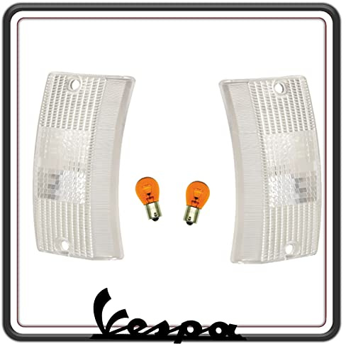KIT COPPIA DUE GEMMA GEMME PLASTICA VETRINO FRECCIA FRECCE ANTERIORI BIANCHE COMPLETE DI LAMPADINE PER VESPA PX 125 150 200 - VESPA ARCOBALENO