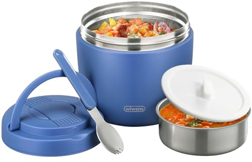 wiwens Thermo Food Jar for Hot Food Adults 32OZ Soup Thermo Lunch Containers Wide Mouth Vacuum Insulated Stainless Steel Leakproof Bento Box with Spoon (Blue)