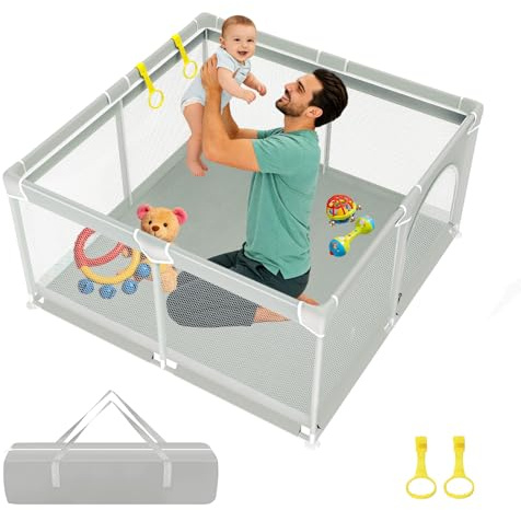 GERCHAM Laufstall Baby, Laufgitter 127x127cm, faltbar für Apartment, Atmungsaktivies Netz und Saugnäpfen, Sicherheitsspielplatz