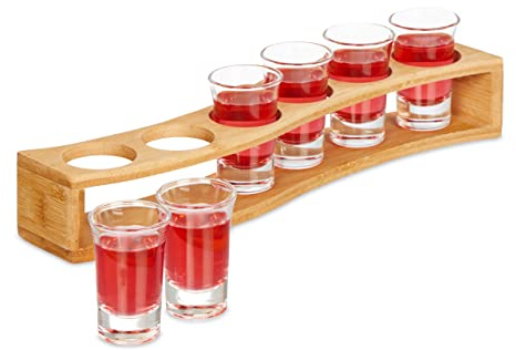 Relaxdays Tavola 6 Bicchieri da Shot con Supporto, Bicchierini in Vetro 4 cl, Vassoio in bambù, Idea Regalo, Marrone Chiaro, 8 x 33 x 7.5 cm