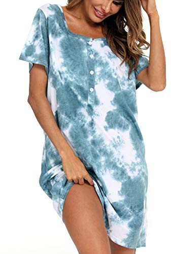 ENJOYNIGHT Camisón de manga corta para mujer, camisón de lactancia, camiseta corta, con botones, ropa de dormir, verde oscuro, 3XL