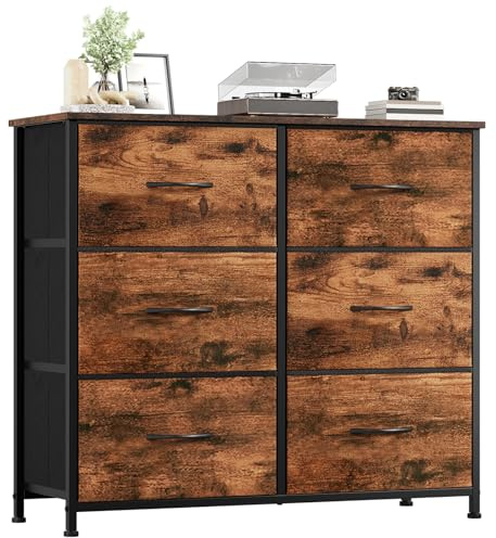 Somdot Chest of Drawers for Bedroom with 6 Drawers, Wide Storage Organizer Fabric Dresser for Closet Nursery Bedside Living Room Laundry Entryway Hallway, Wood Grain Print