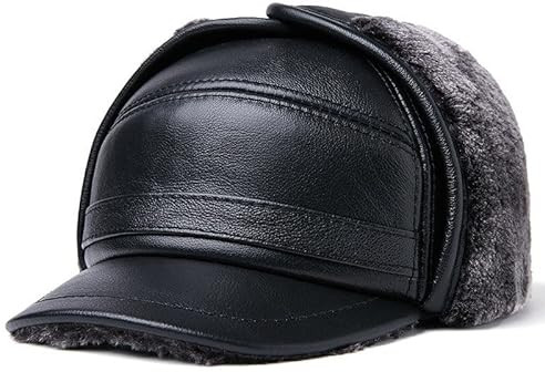 VKEID Herren Lederhut Männer Winter Verdickung Warme Outdoor Gehörschutz Baumwolle Kappe In Die Älteren Thunderbolt Cap Schwarz Hüte für Männer (Color : Black, Size : L)