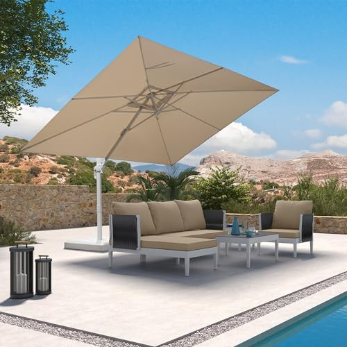 PURPLE LEAF Parasol de Jardin Extérieur 2,7 x 3,5 m Beige avec Pied Croix | Mât blanc élégant et moderne, Toile 240 g/m² teintée dans la masse, Grande Zone D'ombrage, Facile à Installer, Restaurant