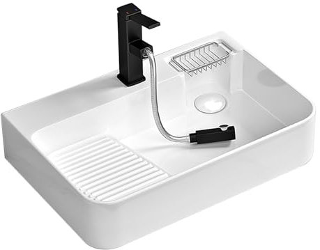 Waschbecken Badezimmer,Keramik-waschbecken mit waschbrettset,waschbecken eckig,Mit Wasserhahn und Abfluss, geeignet für Balkon, Badezimmer, Waschküche und Innenhof, Hotel, (Color : White)