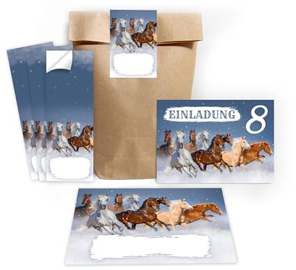 Minkocards 12 Einladungskarten zum 8. Kindergeburtstag Mädchen Pferd Pferde Einladung achte Geburtstag incl. 12 Umschläge, 12 Partytüten/natur, 12 Aufkleber Einladungsset