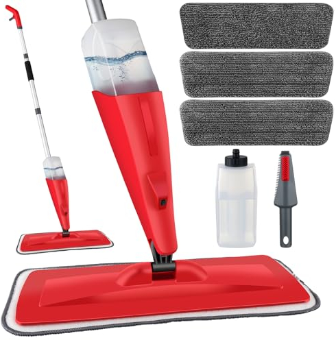 Homgif Spray Mop, 135cm Scopa Lavapavimenti a Spruzzo con 550ml Flacone Spray e 3 Riutilizzabile Tamponi di Ricambio, Mop Lavapavimenti per Casa, Cucina, Legno Duro, Laminato, Legno, Ceramica (Rosso)