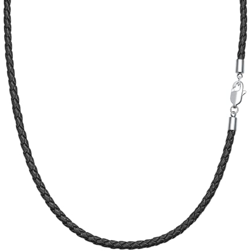 Viwind Lederkette Geflochten Kunstleder Halskette Edelstahl Verschluss 3mm breit Damen Herren Kette für Anhänger charm 45-60cm wählbar DIY Lederschnur (55cm, Schwarz)