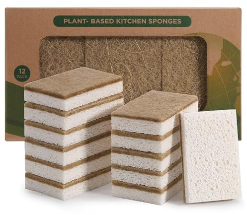 Natural Sponges for Dishes 12 Pack - Keep Soap Biodegradable Kitchen Sponge Compostable Coconut Scrubber - Eco Friendly Cleaning Sponges