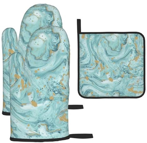 Azurite Teal And Foil Gold Oil Marble Pattern Heat-Resistant Oven Gloves And Pot Holders.With Lanyard,Waterproof And Durable. Used In Kitchen,Barbecue And Baking.