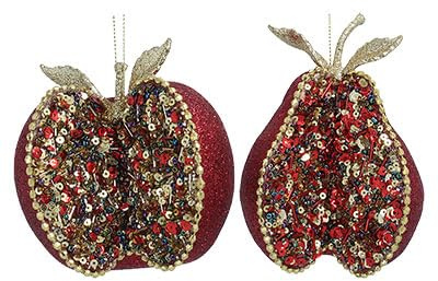 Gisela Graham Red Multi Sparkle Apple & Pear Hanging Christmas Decorations