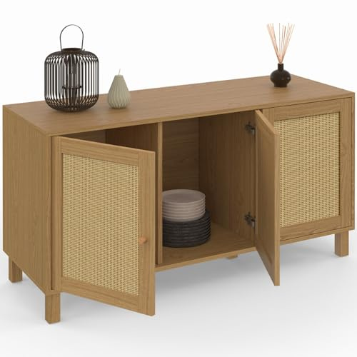 IDMarket - Buffet Bas Vintage 113 cm HANAE 3 Portes Effet Naturel cannage