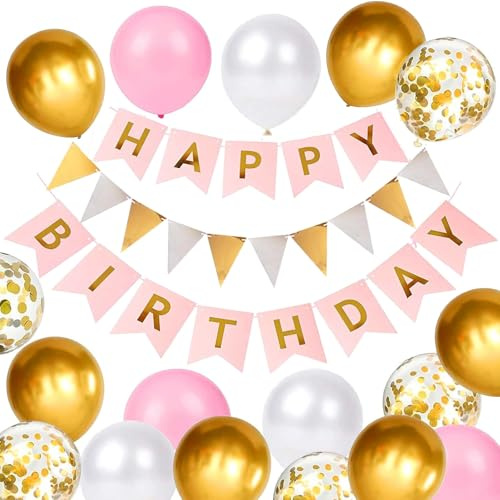 Luftballons Geburtstag Dekoration Set, Macaron rosa Gold Geburtstagsdeko Happy Birthday deko Banner Party Deko Geburtstag Set mit Macaron Luftballons Konfetti Ballons Dreiecksflaggen Girlanden（rd+SJQ)